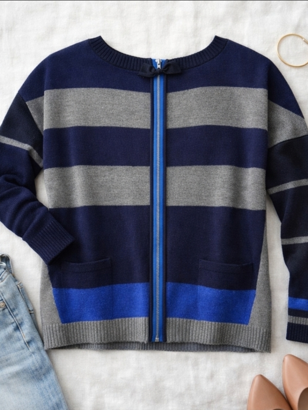 NWT Democracy Striped Back Zip Sweater Bow Detail Colorblock Knit  Size Medium
